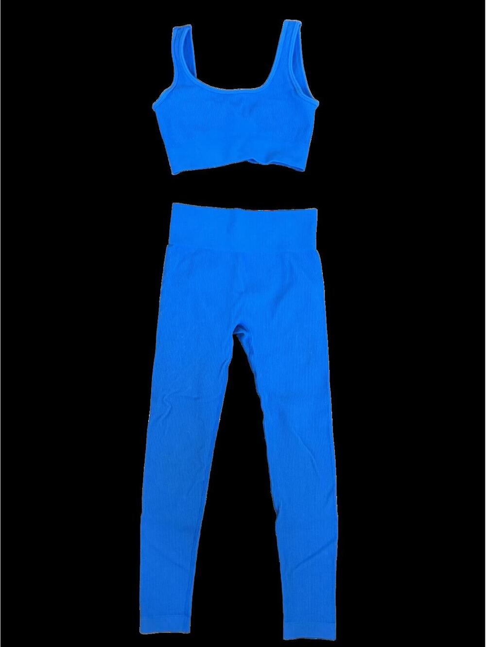 Blue Ribbed legging and sports bra set size s